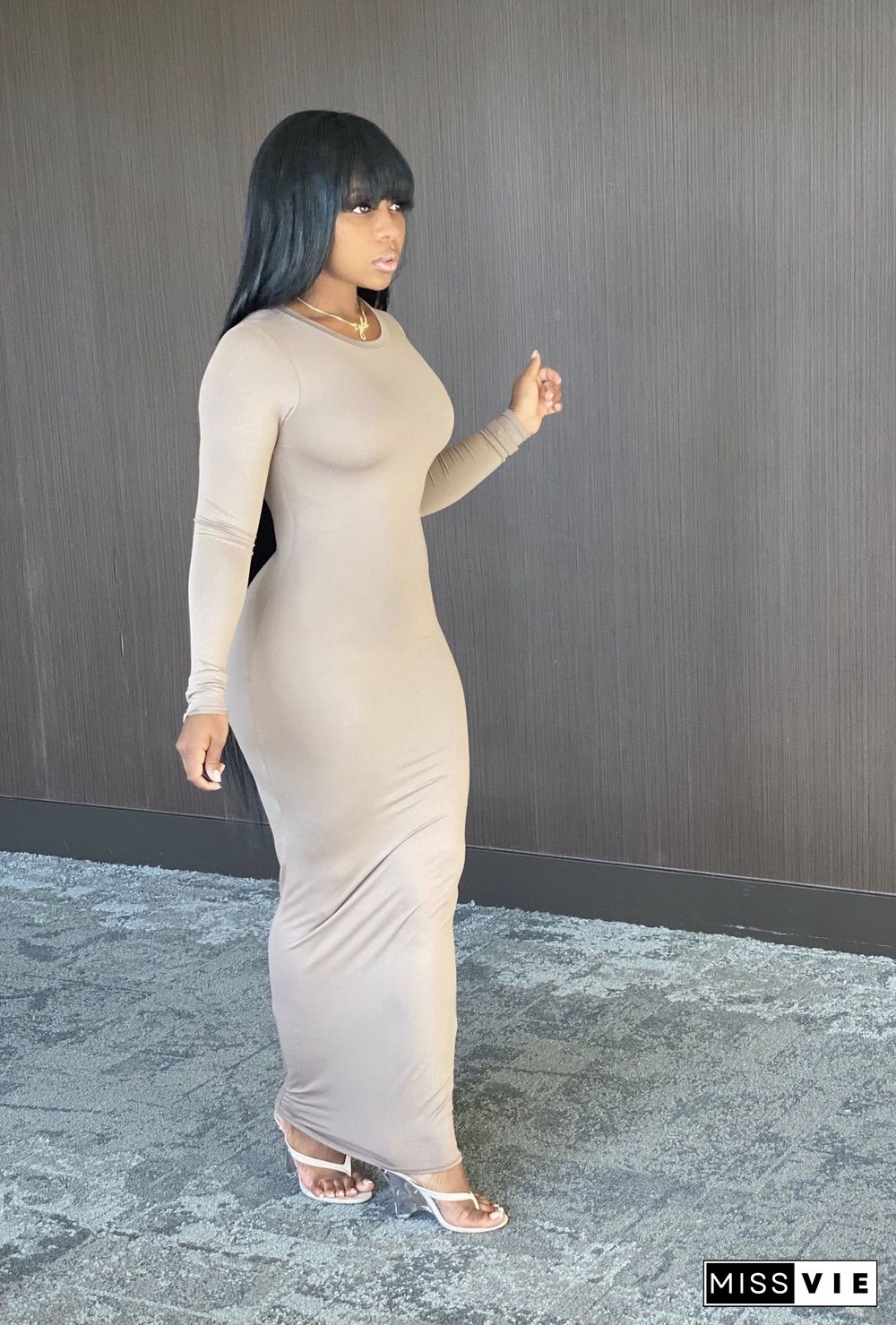 Solid Color Long Sleeve O Neck Bodycon Dress