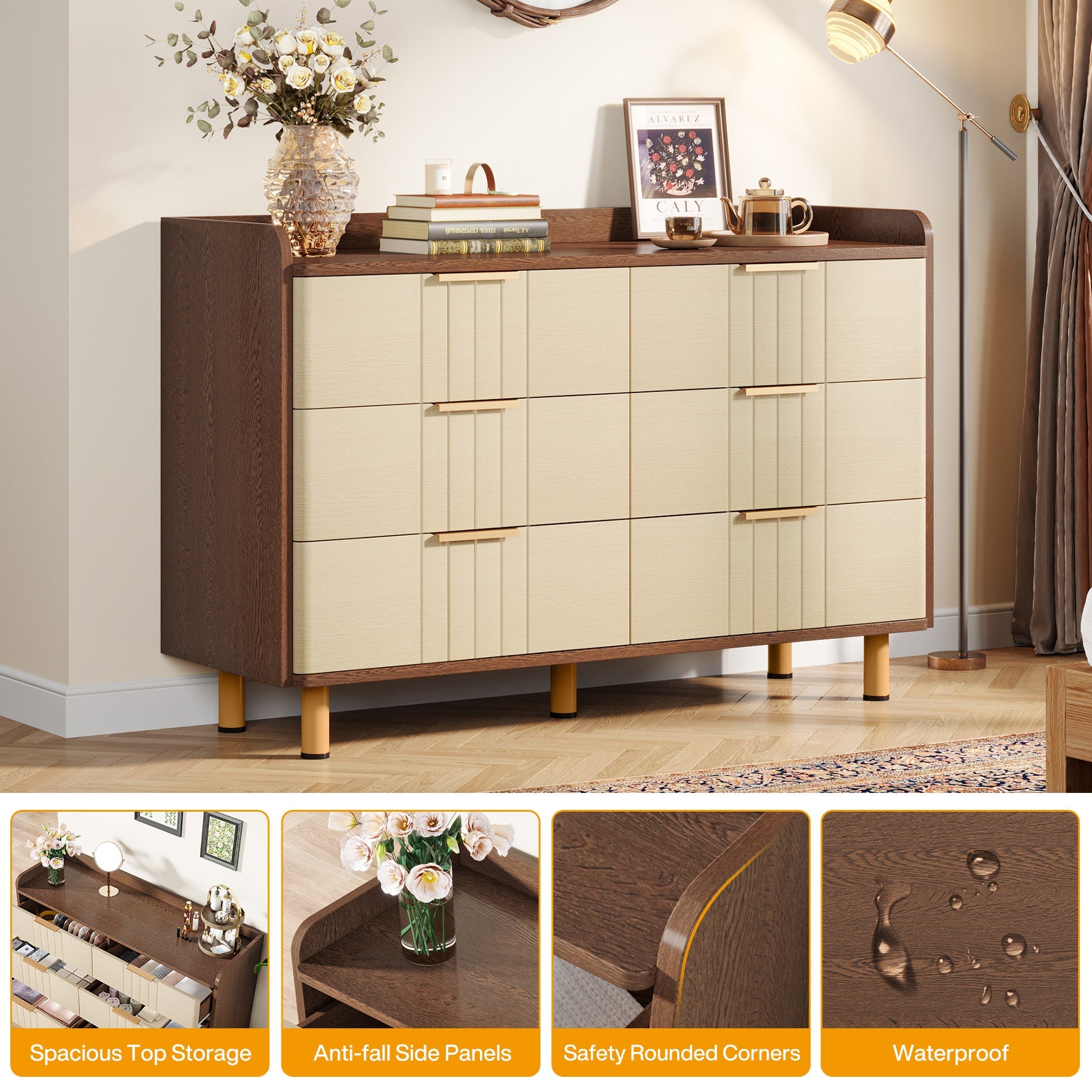 6-Drawer Chest Dresser, Wood Storage Dresser Cabinet with Metal Handles