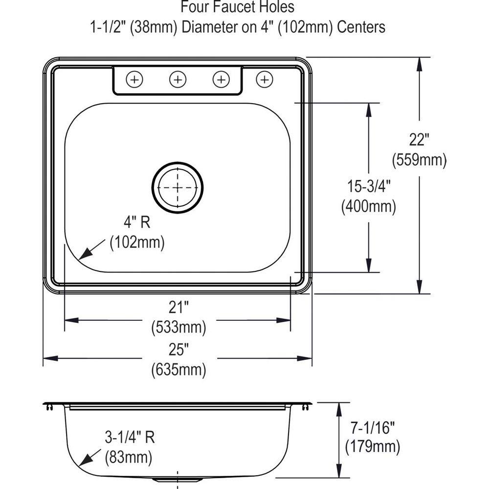 Glacier Bay 25 in. Drop in Single Bowl 22 Gauge Stainless Steel Kitchen Sink HDSB252274