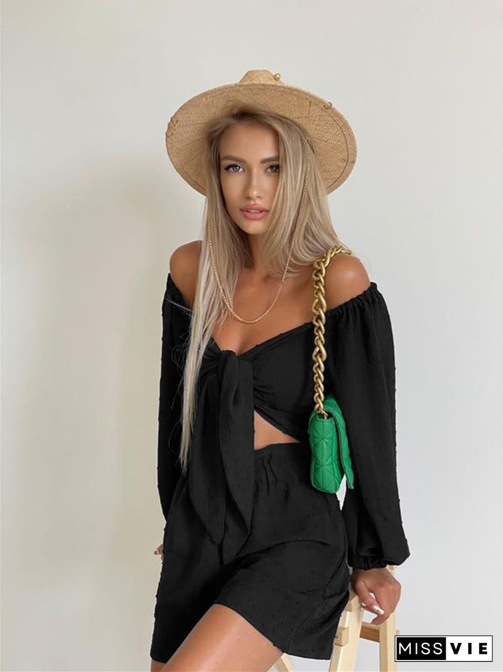 Summer New Fashion Leisure Suit Senior Sense Women's Long-sleeve Cardigan Shorts Two Sets