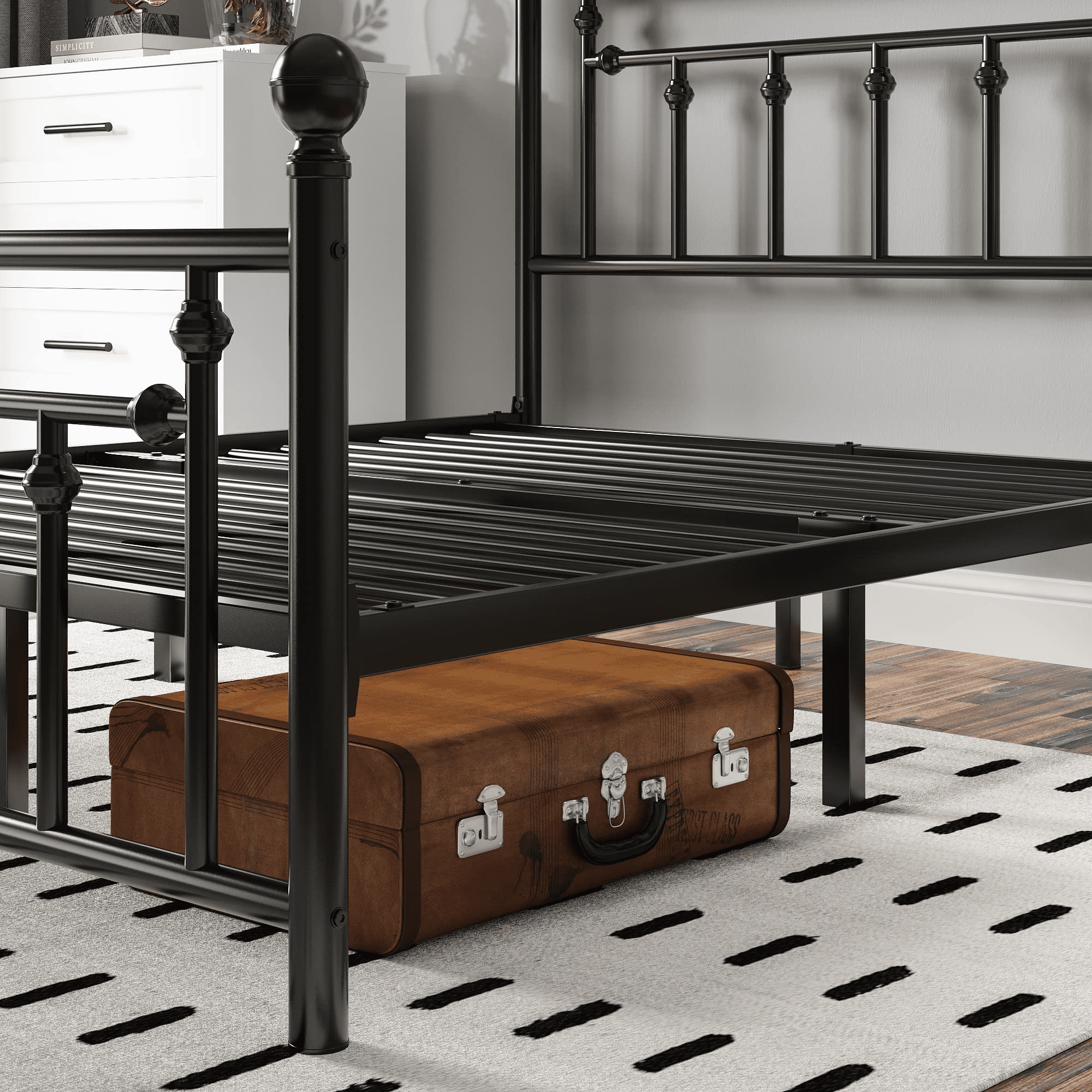 Einfach Queen Size Bed Frame with Victorian Style Iron-Art Headboard and Footboard, Black