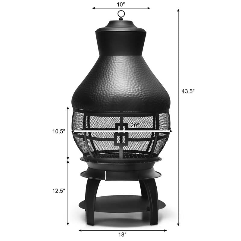 Outdoor Fireplace Chimenea Wood Burning Fire Pit with 2-Piece Log Grate, Premium Rain Cap & Fire Poker