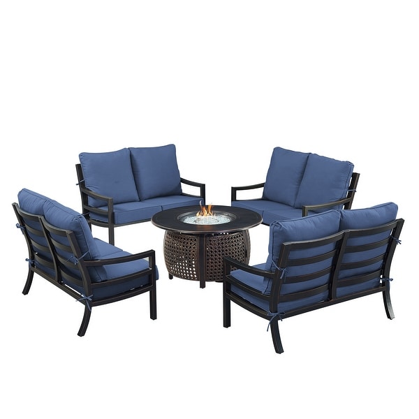 Black Aluminum Fire Table Set with Four Deep Seating Loveseat with Cushions