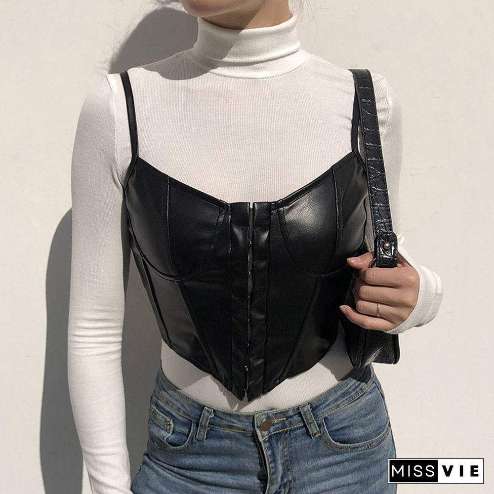 Womens Corset Sexy Black Pu Leather Bustier Crop Top Fashion Lady Sleeveless Strap Camis Clubwear Summer Low Cut Slim Camis