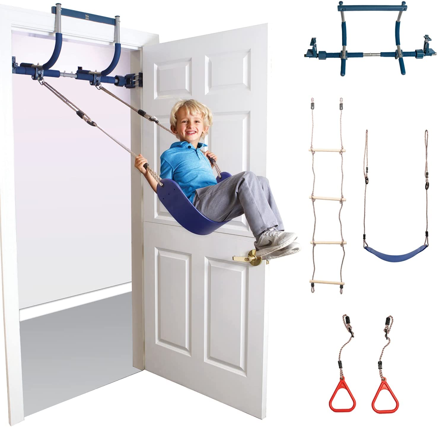 6 Piece Indoor Doorway Gym Set for Kids – Indoor Swing for Kids Includes Kids Swing Chair, Rings, Hanging Trapeze, Ladder, Swinging Rope & Pullup Bar