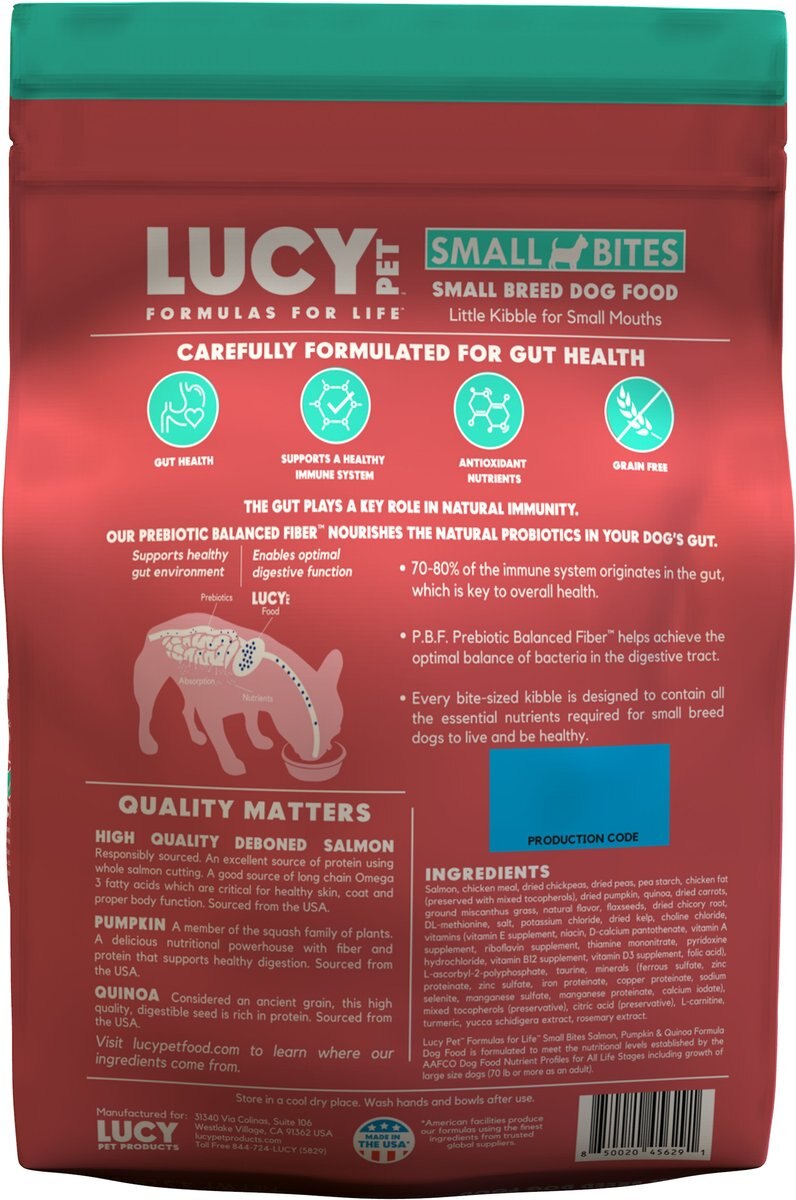 Lucy Pet Products Salmon， Pumpkin and Quinoa Small Bites Dog Food， 4.5-lbs bag