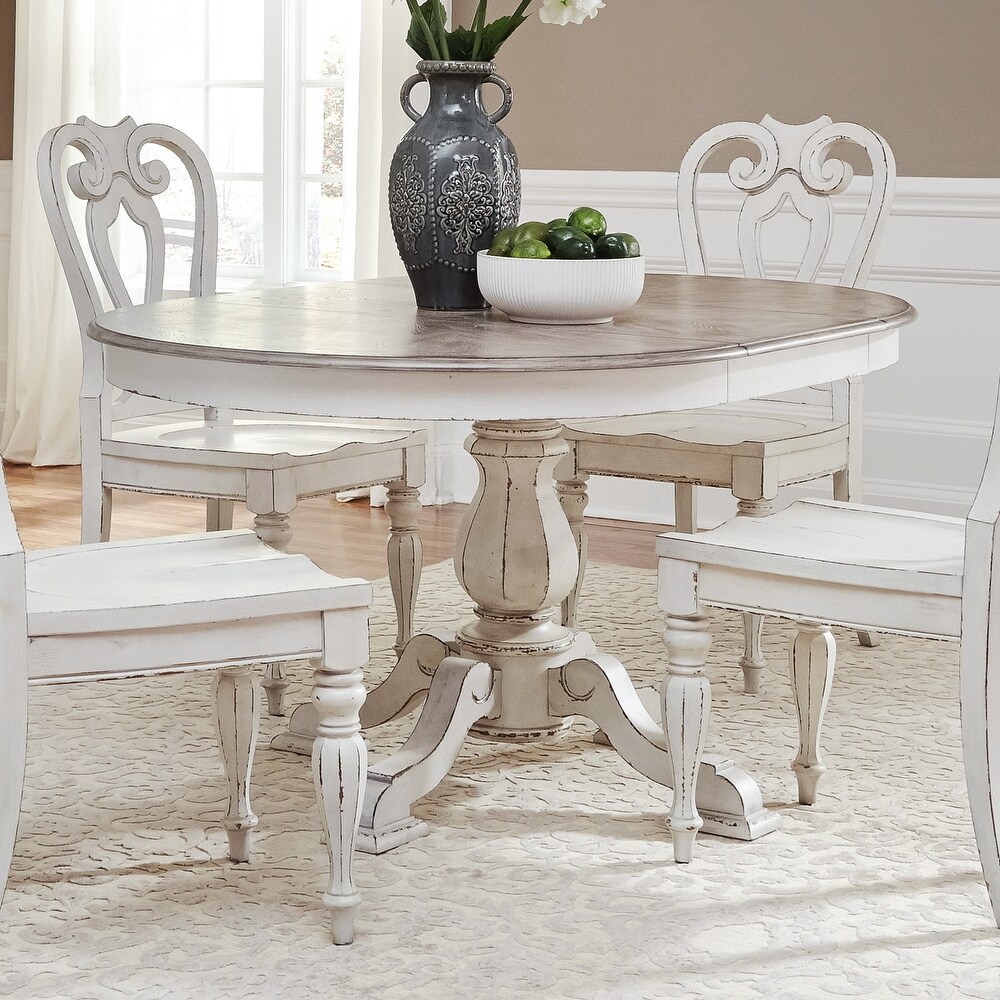 Magnolia Manor Antique White Weathered Bark 5 Piece Pedestal Table Set