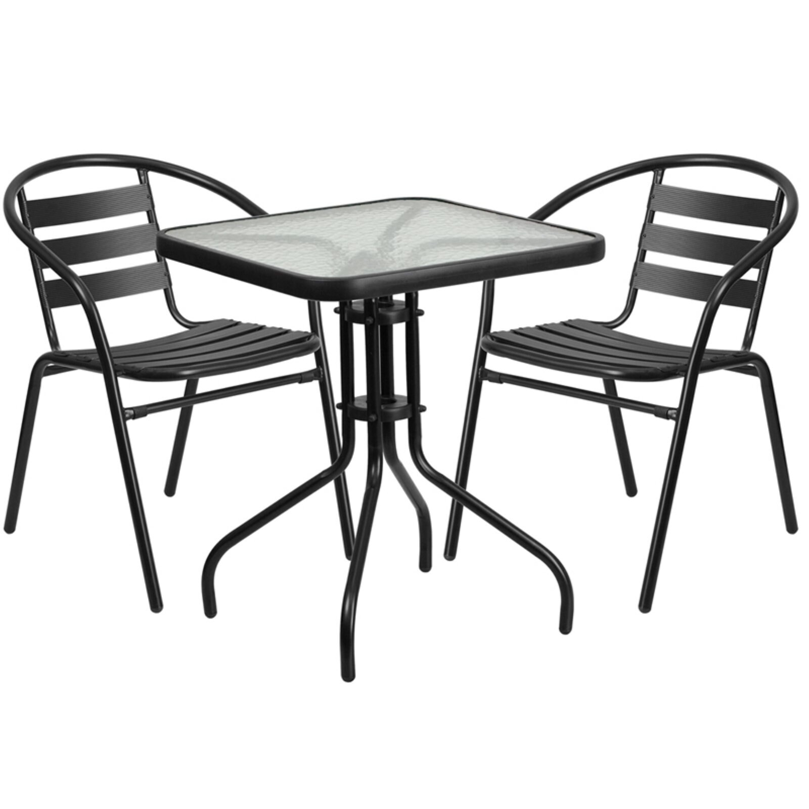 23.5'' Square Glass Metal Table with 2 Black Metal Aluminum Slat Stack Chairs -  - 37158030