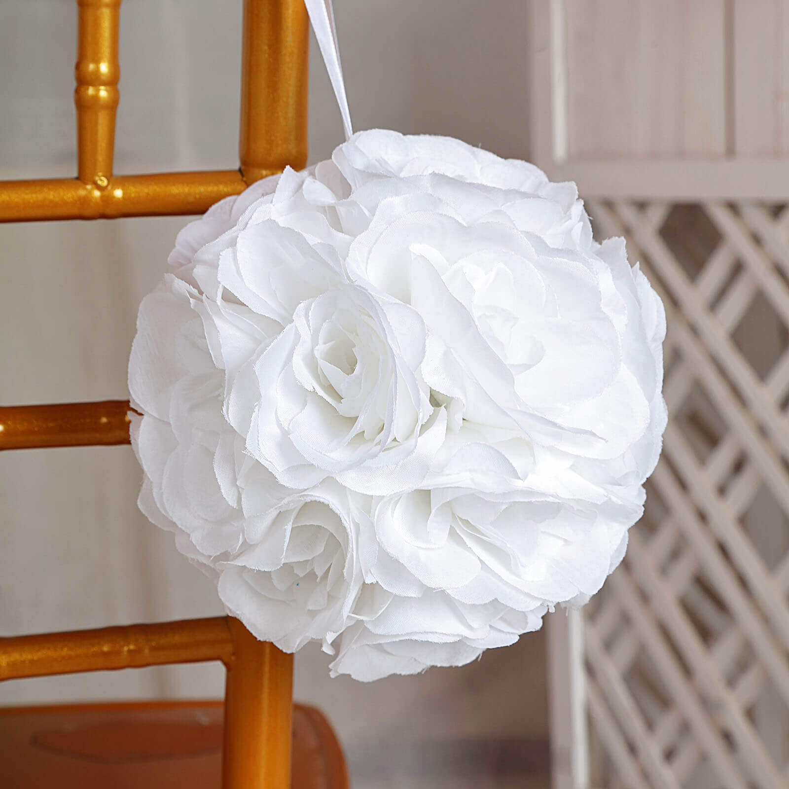 2 Pack White Artificial Silk Rose Kissing Ball, Faux Flower Ball 7