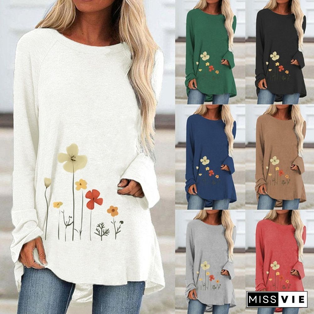 Spring and Autumn Plus Size Fashion Women Clothing Flowers Printed Casual T-shirt Ladies Long Sleeve Round Neck Pullover Tops