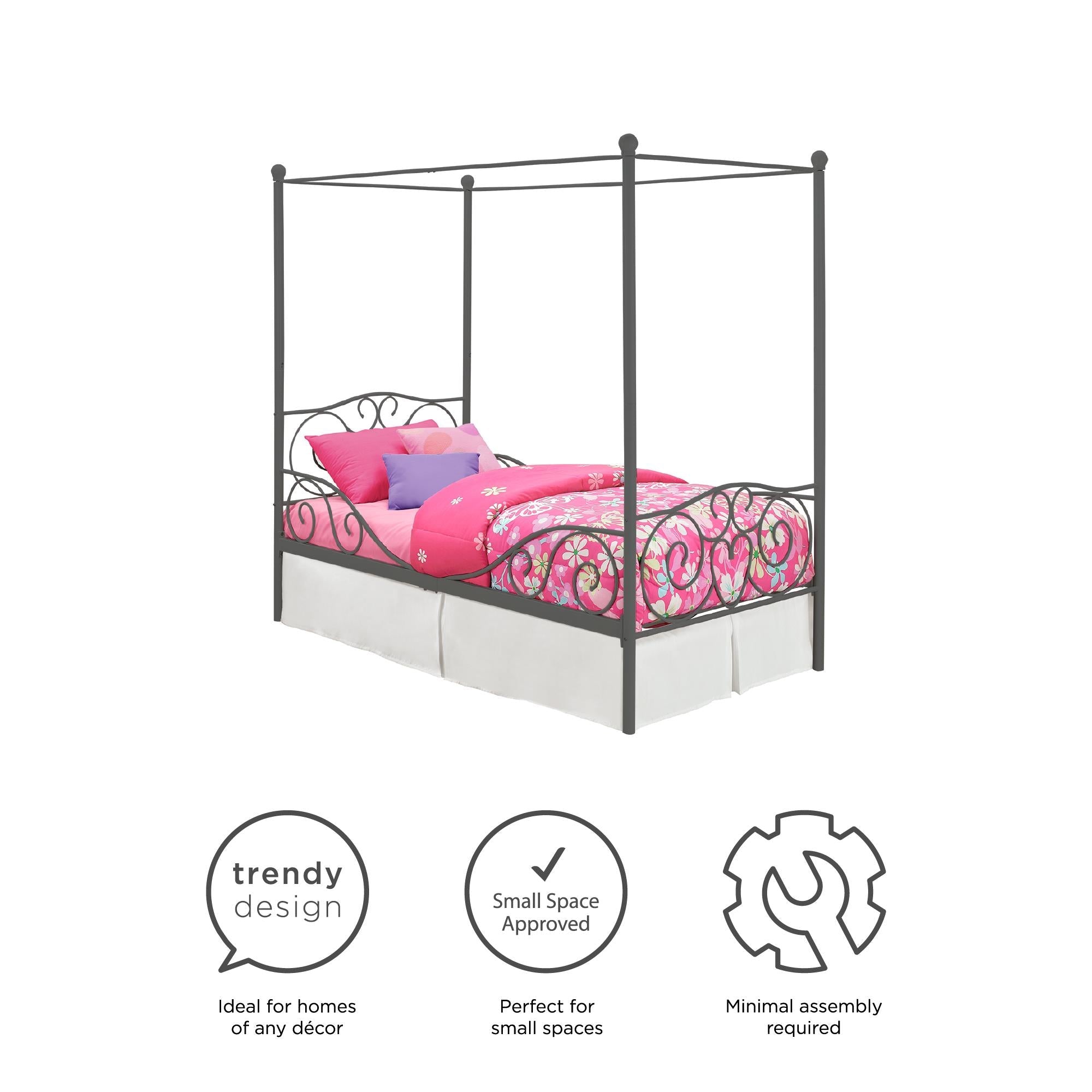 Elm & Oak Metal Canopy Kids Poster Bed, Twin, Pewter