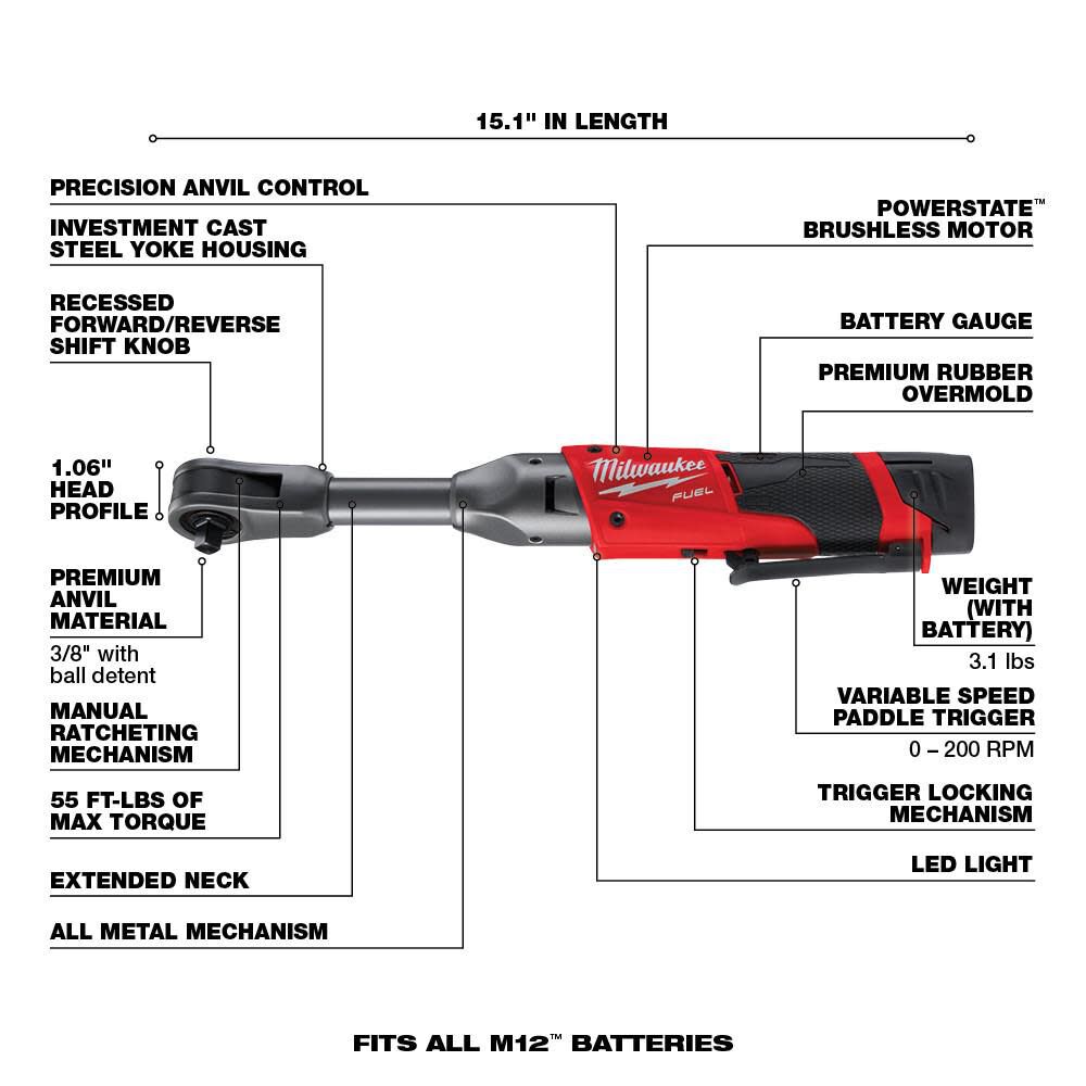 Milwaukee M12 FUEL 3/8 in. Extended Reach Ratchet 1 Battery Kit 2560-21 from Milwaukee