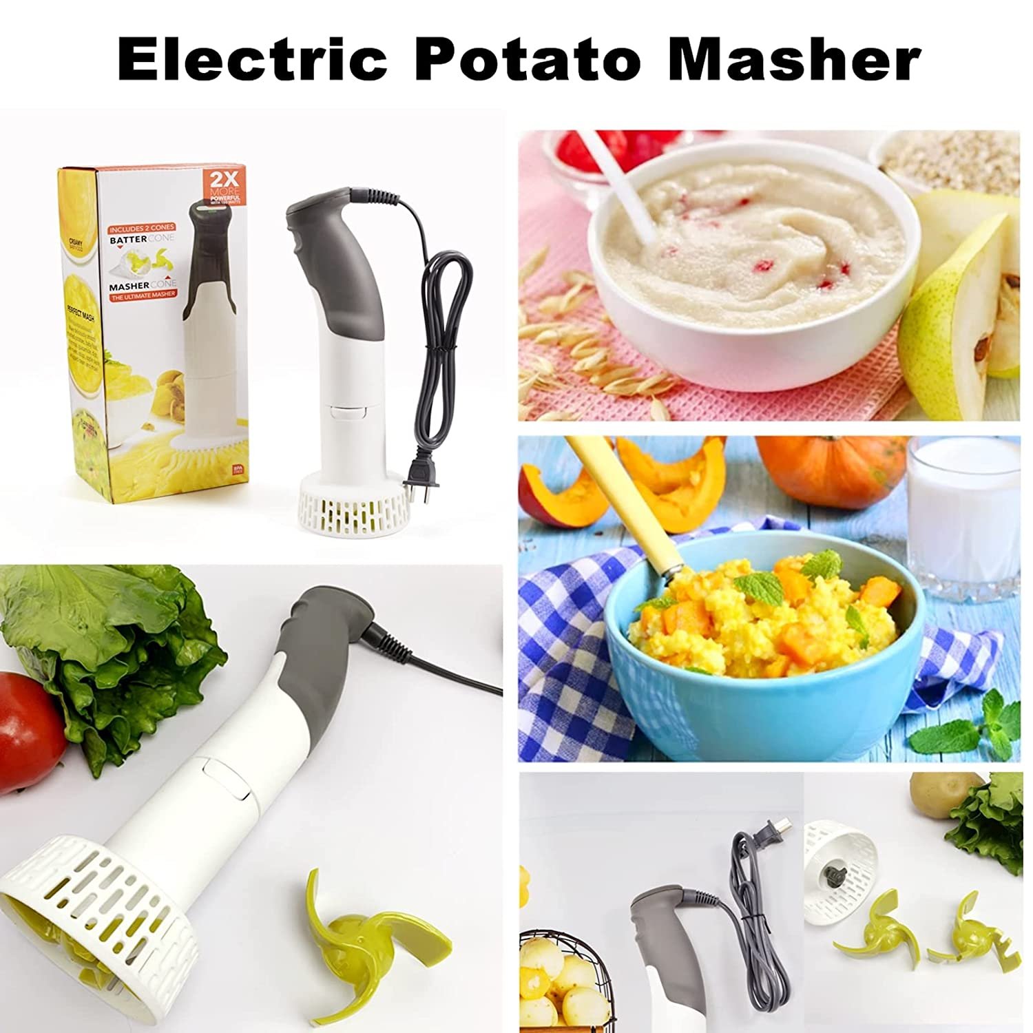 Electric Potato Masher， Hand Blender Immersion Mixer For Potatoes Veggies Baby Food Soups