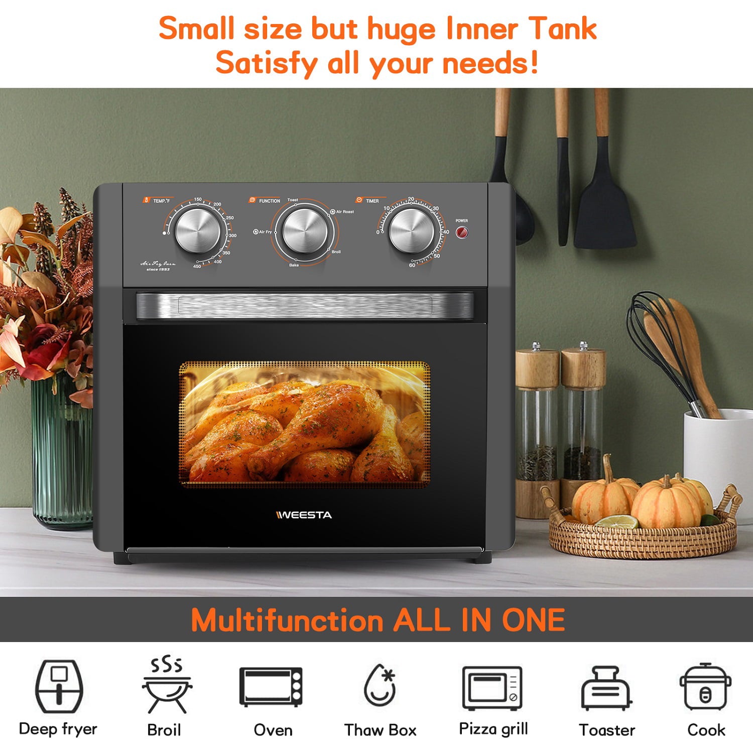 20 Quart Air Fryer, 5-in-1 Air Fryer Oven Toaster Combo with Accessories & E-Recipes, Convection Oven Countertop, 5 presets for Quick, Easy Family-Sized Meals, UL Certified, 1300W, Gray