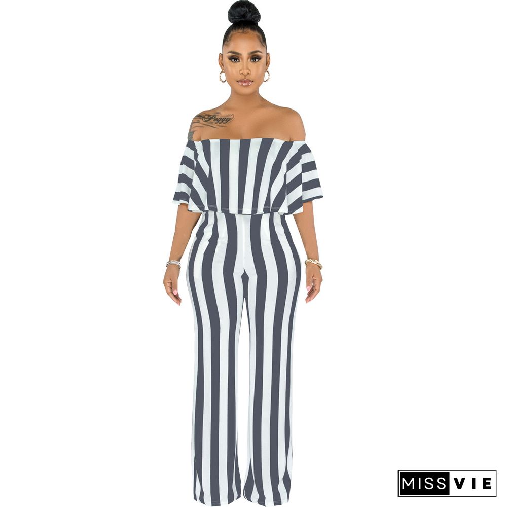 Striped Off Shoulder Wide Leg Jumpsuits