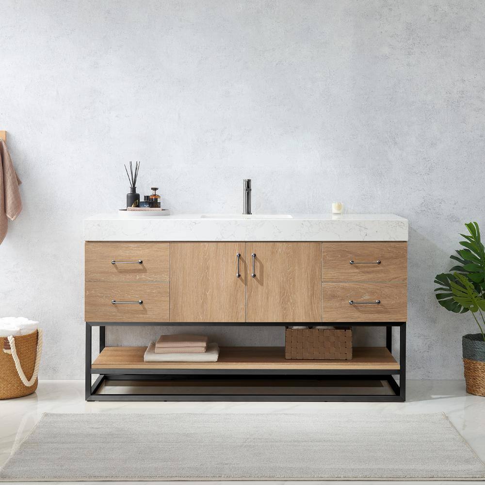 ROSWELL Alistair 60B in. W x 22 in. D x 33.9 in. H Single Sink Bath Vanity in North American Oak with White Grain Stone Top 889060BS-NO-GWN