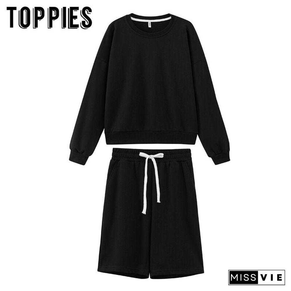 Toppies Women Two Piece Set Tracksuits O-Neck Sweatshirts Elastic High Waist Bermuda Shorts Solid Color