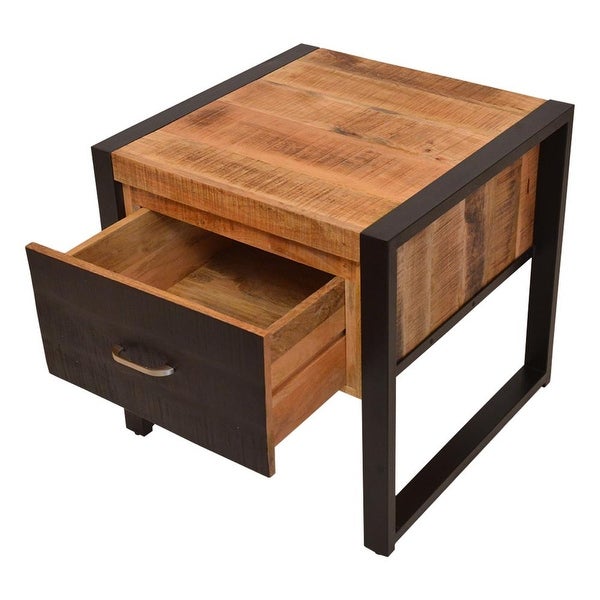 24 Inch Single Drawer Wooden Side Table with Metal Frame， Brown and Black - 24 L X 24 W X 24 H Inches