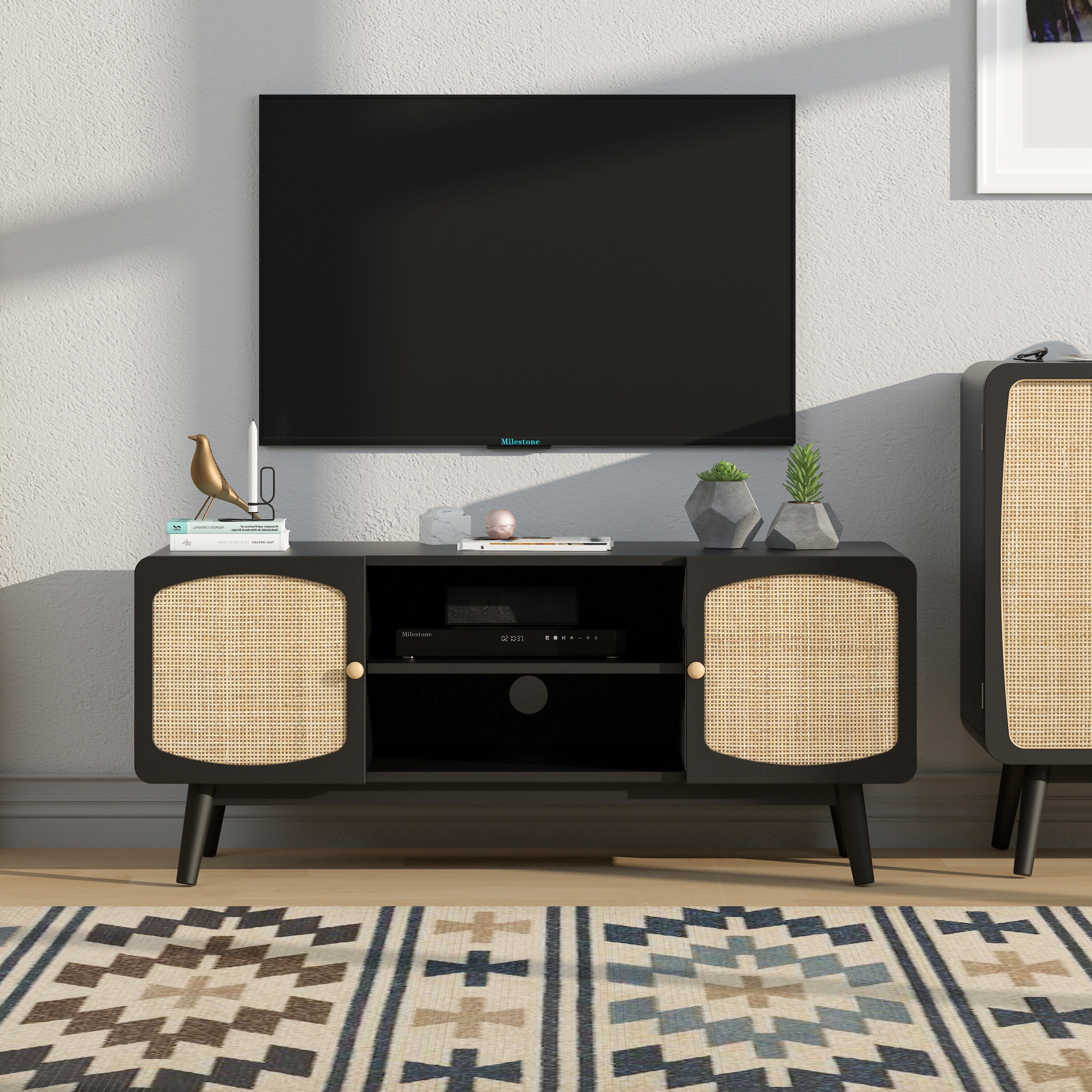 JASIWAY Modern TV Stand with Rattan Door， Black