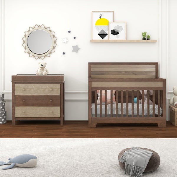 3 Pieces Nursery Sets Baby Crib and Changer Dreeser with Removable Changing Tray - - 37797197