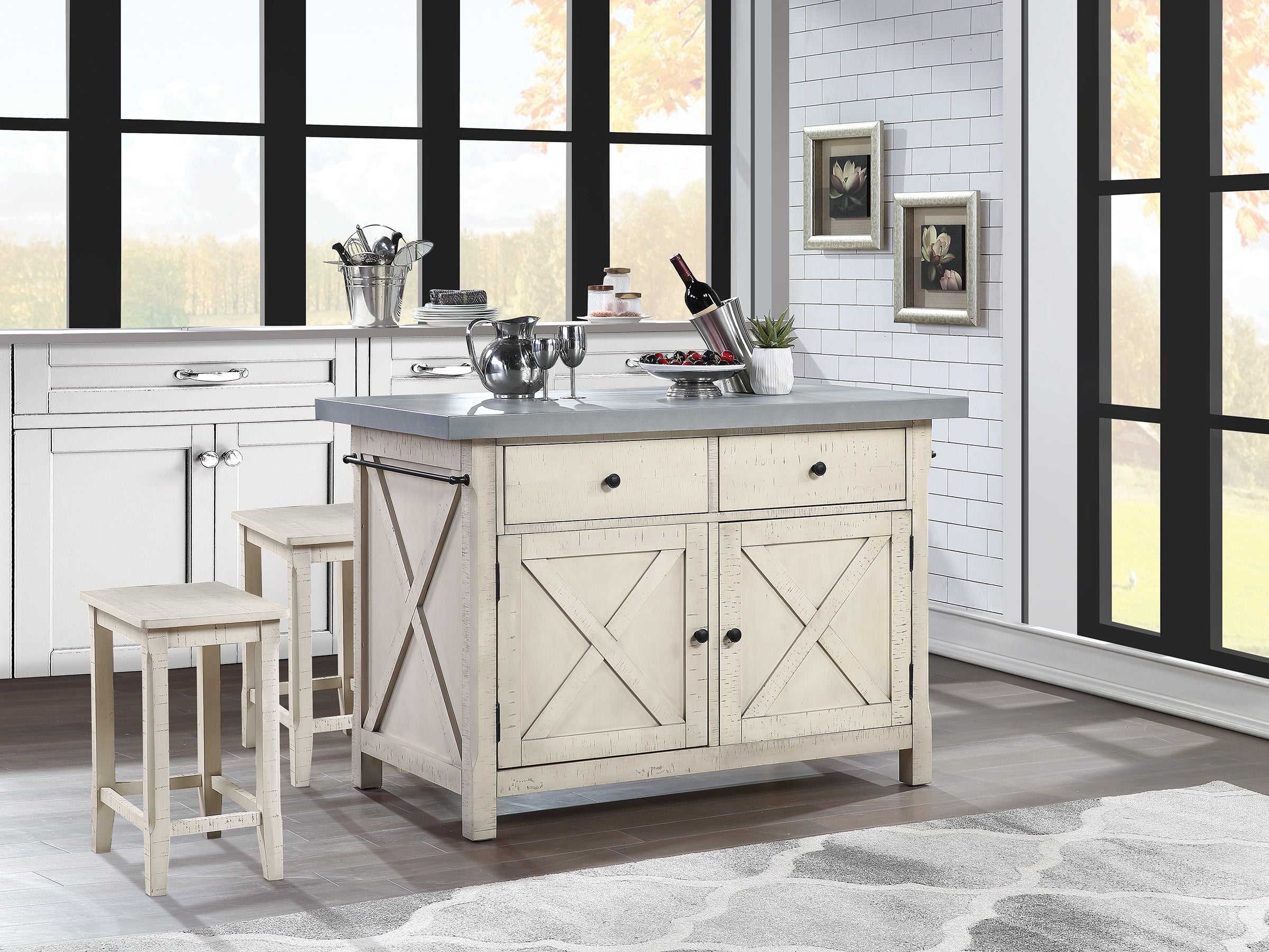 OSP Furniture Nashville Kitchen Island with Cement like Grey Top and 2 Stools