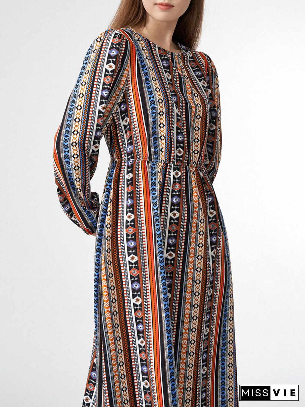 Tribal Pattern Long Sleeve Crew Neck Dress For Women