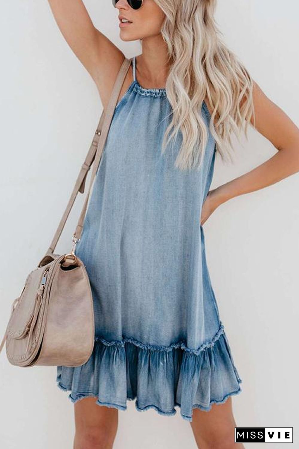 Ruffles Hem Denim Slip Mini Dress