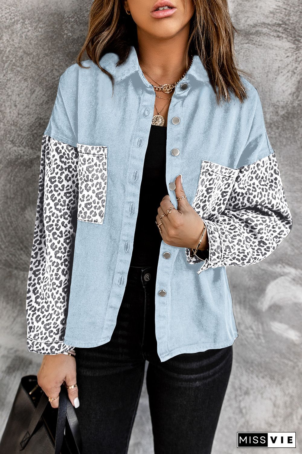 Sky Blue Contrast Leopard Denim Jacket