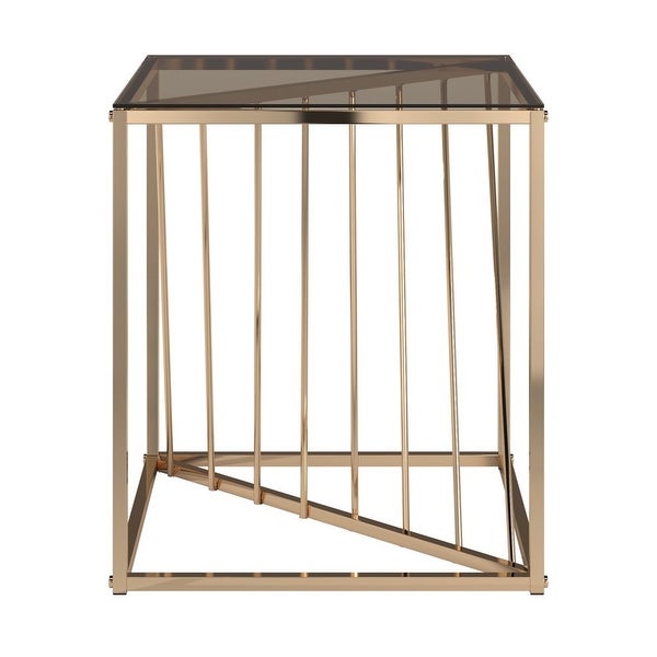 Square Metal and Glass Top End Table， Champagne Gold