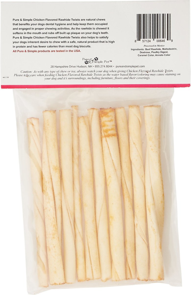 Pure and Simple Pet Chicken Flavored Rawhide Twist Dog Treat， 5-in