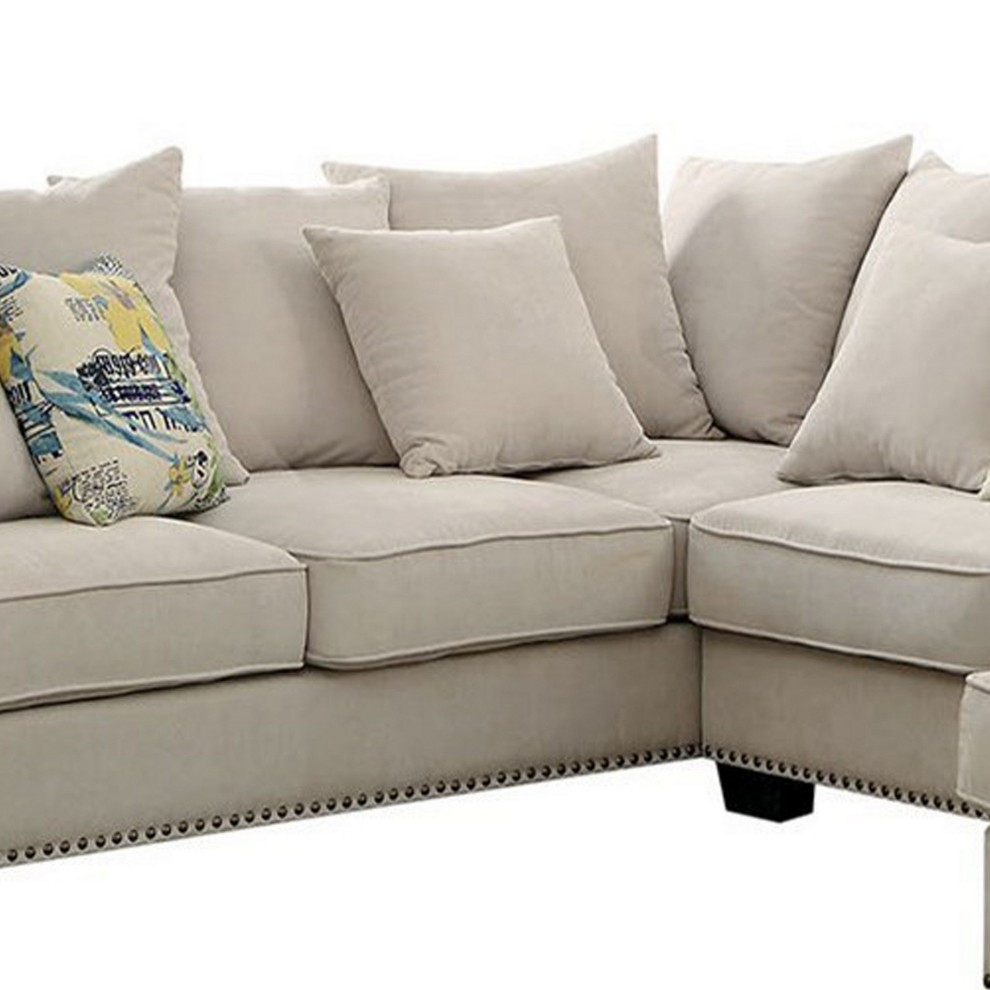 Nailhead Trim Fabric Upholstered Sectional Sofa With Rolled Armrests  Beige   Transitional   Sectional Sofas   by VirVentures  Houzz