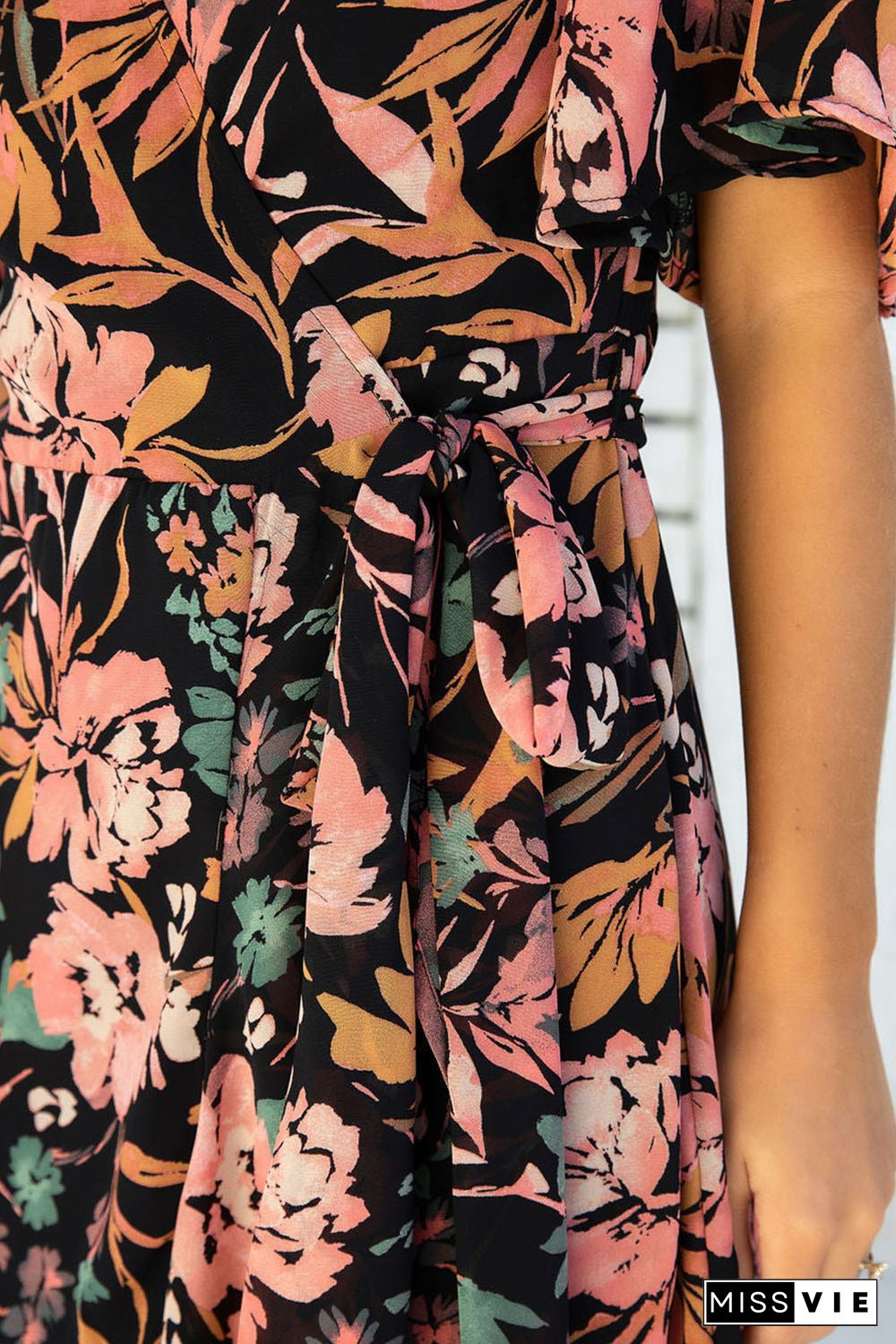 Black Floral Print Knotted Wrapped V Neck Maxi Dress