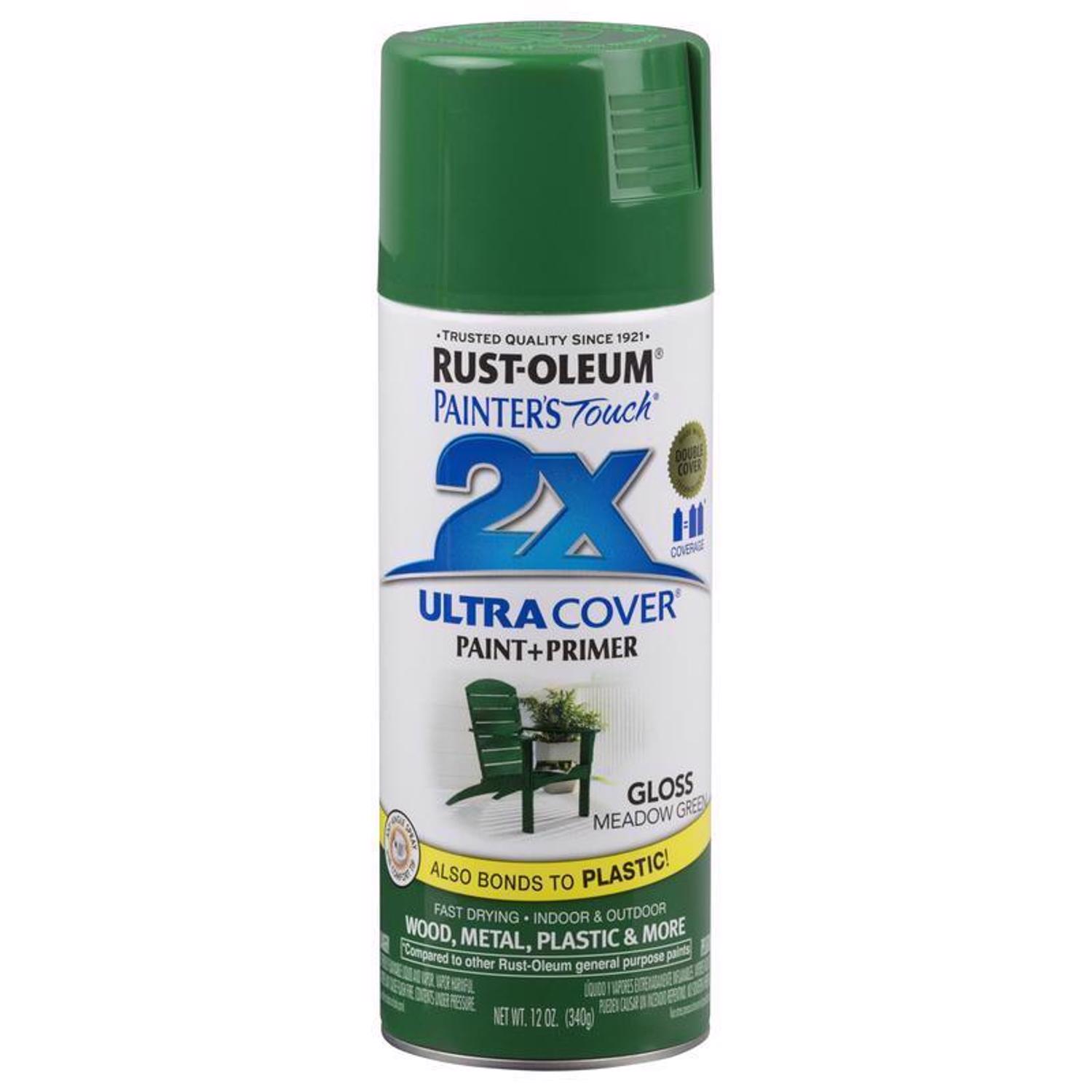 Rust-Oleum Painter\u0027s Touch 2X Ultra Cover Gloss Meadow Green Paint+Primer Spray Paint 12 oz