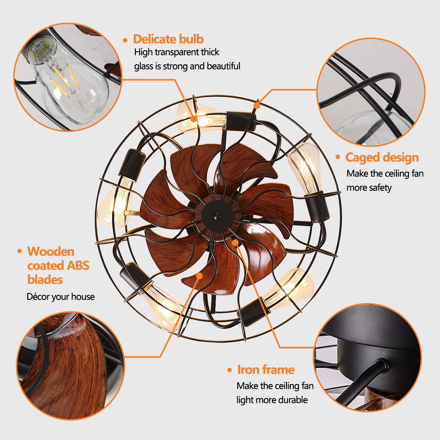 Caged Flush Mount Ceiling Fan with Light， Remote Control Enclosed Ceiling Fan， Smart Bladeless Ceiling Fan Lights for Bedroom， Living Room Caged-5Bulb