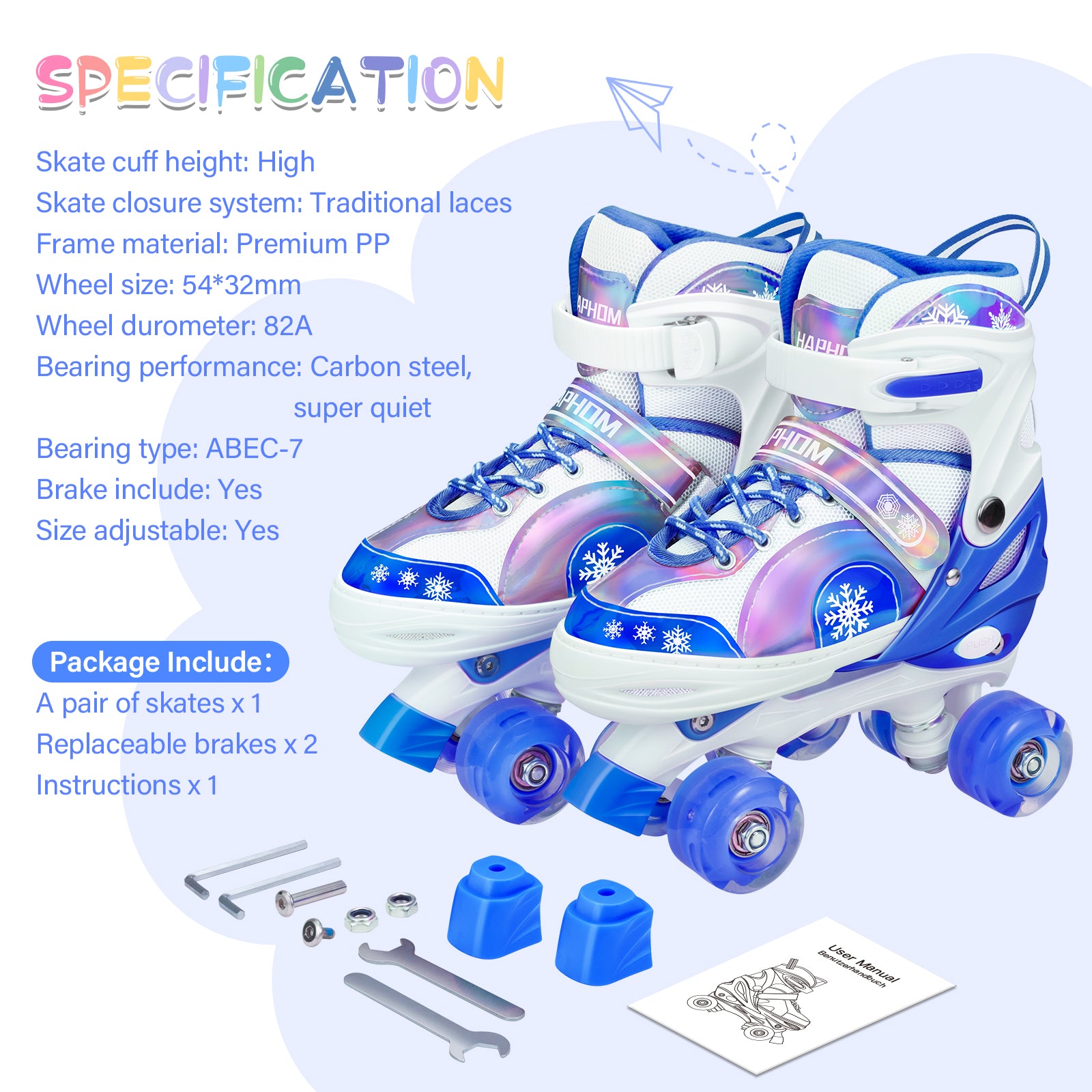 Roller Skates for Girls/Boys Size (S:10.5-13.5 / M:1-4)， Kids skates ages 4-12 with Light up wheels， Adjustable Kids Roller Skates (Blue)