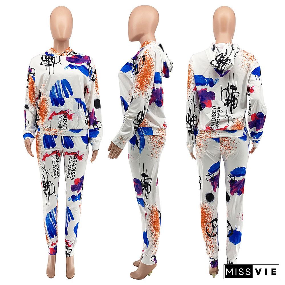 Womens Autumn Inkjet Print Hoodie Pants Sport Two Piece Set