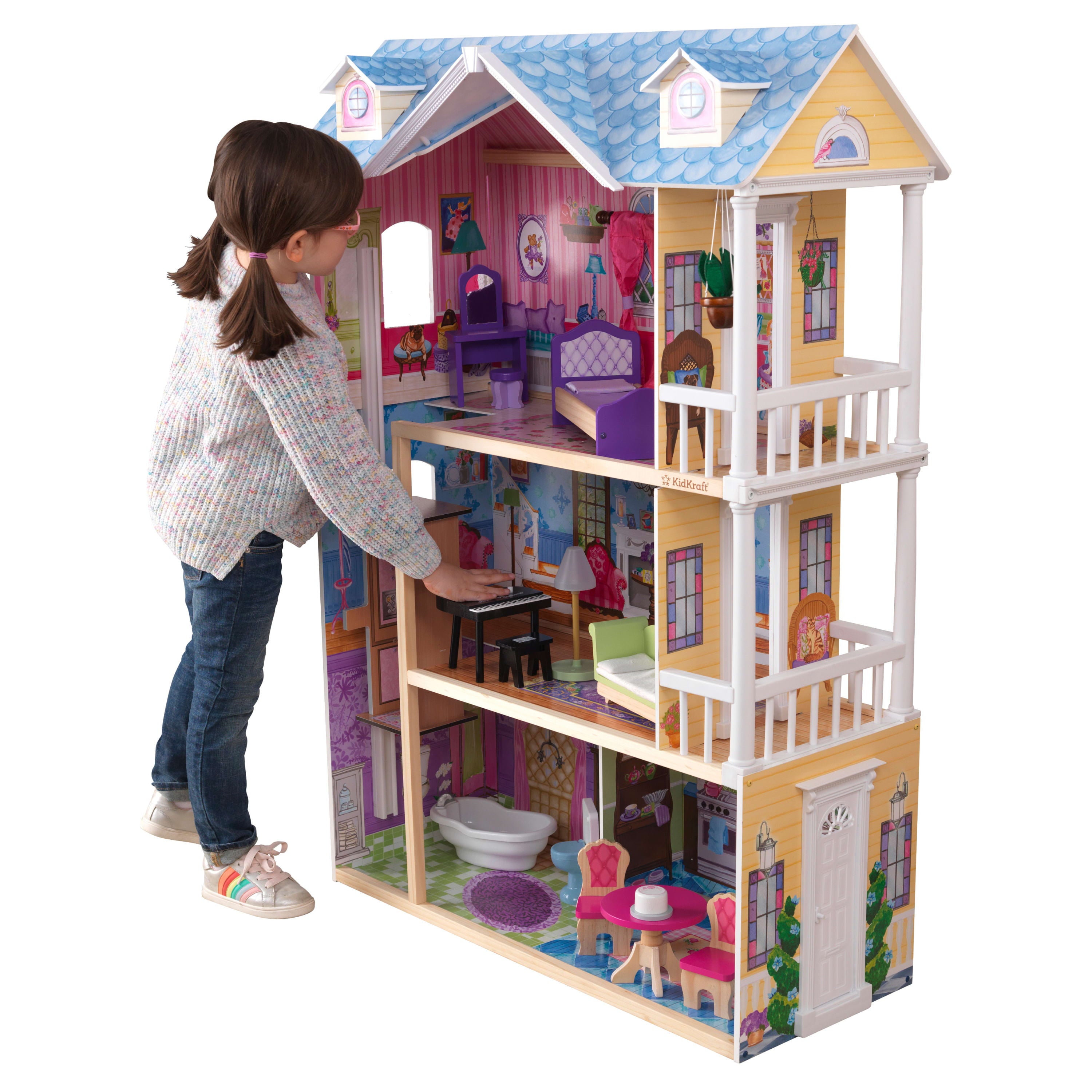 KidKraft My Dreamy Dollhouse with Lights and Sounds， Elevator and 14 Accessories