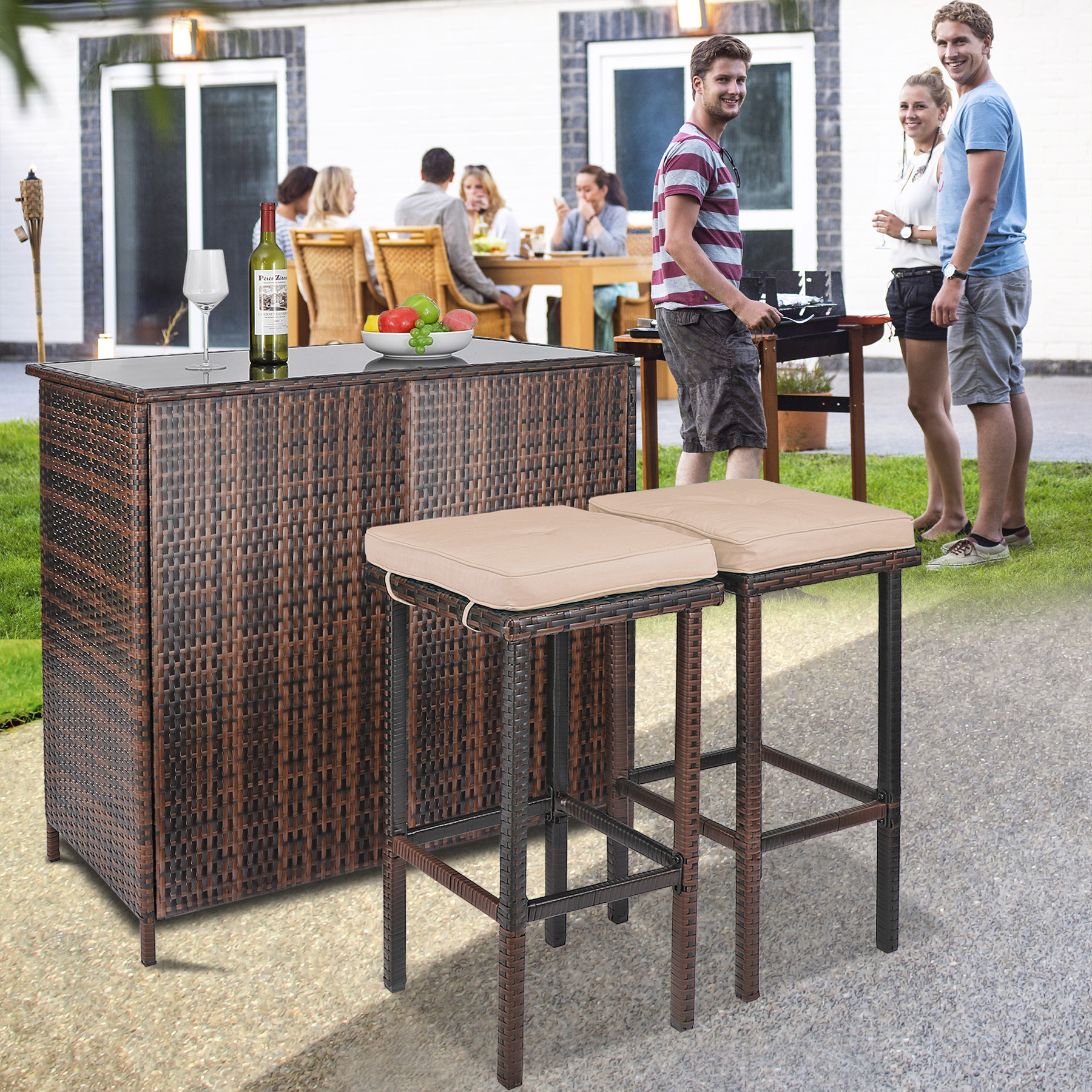 Outdoor Bar Furniture， 3 Piece Patio Bar Set， Brown Rattan Bar with Storage， 2 Brown Stool Cushions