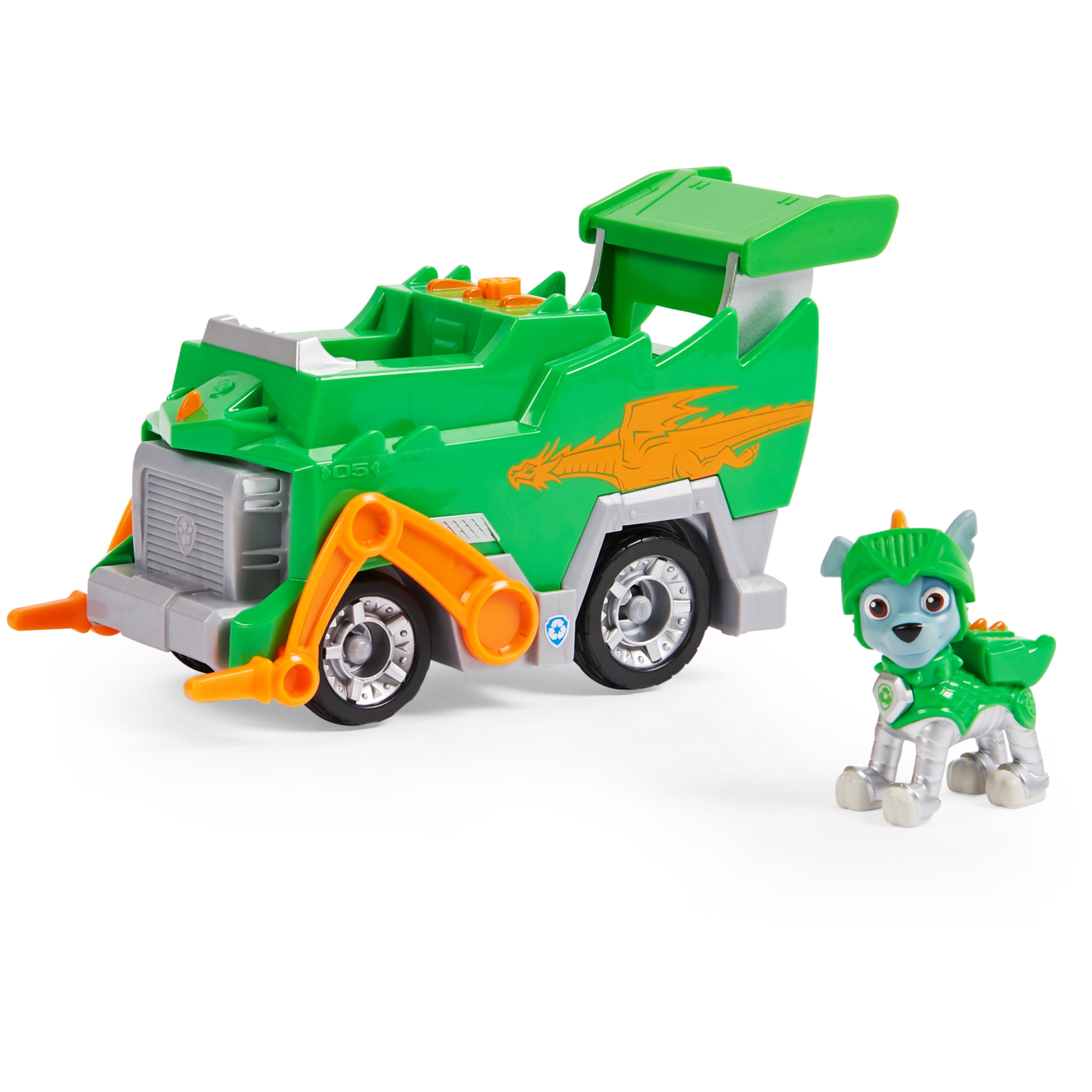 PAW Patrol， Rescue Knights Rocky Transforming Toy Car with Collectible Action Figure， Kids Toys for Ages 3 and up