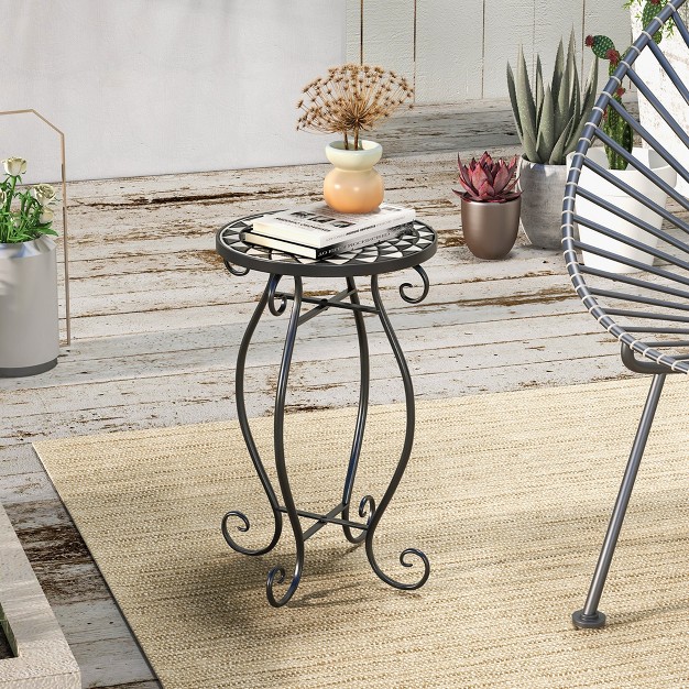 Costway Mosaic Outdoor Side Table Round End Table With Weather Resistant Ceramic Tile Tabletop