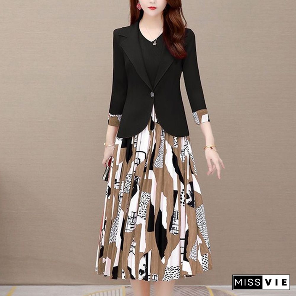 Office Lady Two Piece Sets Women Outfit Fashion 3/4 Sleeve Blazer And Sleeveless Spliced Print Pleated Dress Suits Spring Autumn