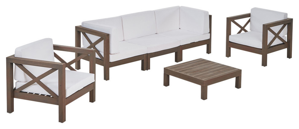 Morgan Outdoor 5 Seater Acacia Wood Sofa Chat Set   Transitional   Outdoor Lounge Sets   by GDFStudio  Houzz