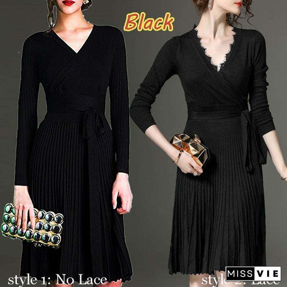 Sexy V-Neck Long Sleeve Winter Dress for Women Spring Elegant Belted Vintage Midi Solid Knit Sweater with Ruffle