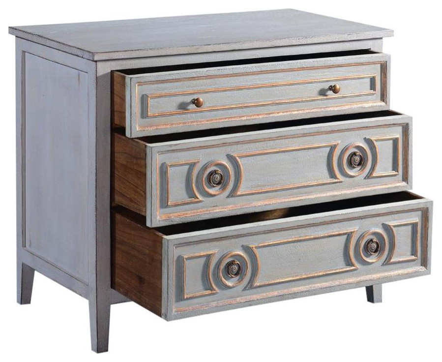 Chest Huntington Pewter Gray Gold Accents Distressed Wood Circle   Farmhouse   Accent Chests And Cabinets   by EuroLuxHome  Houzz