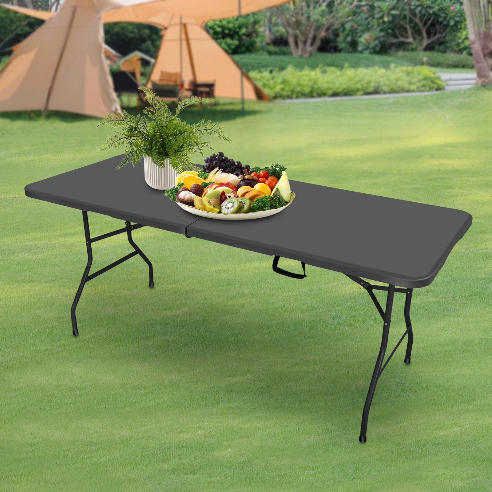 SUGIFT 6 ft Rectangular Black Plastic Folding Table