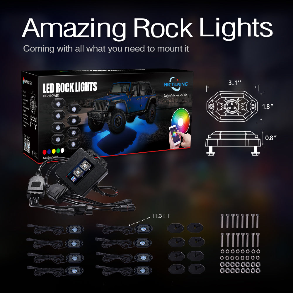 MICTUNING 8 Pods 2nd-Gen RGB LED Rock Light Kit with Bluetooth Controller Timing Funtion Music Mode