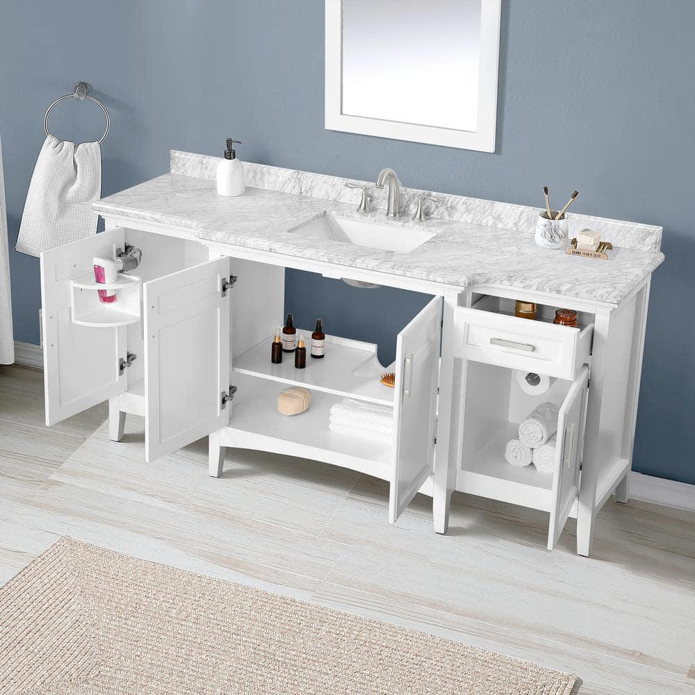 Home Decorators Collection Sassy 72 in W x 22 in D x 35 in H Bath Vanity in White with Marble Vanity Top in Carrara with white Basin