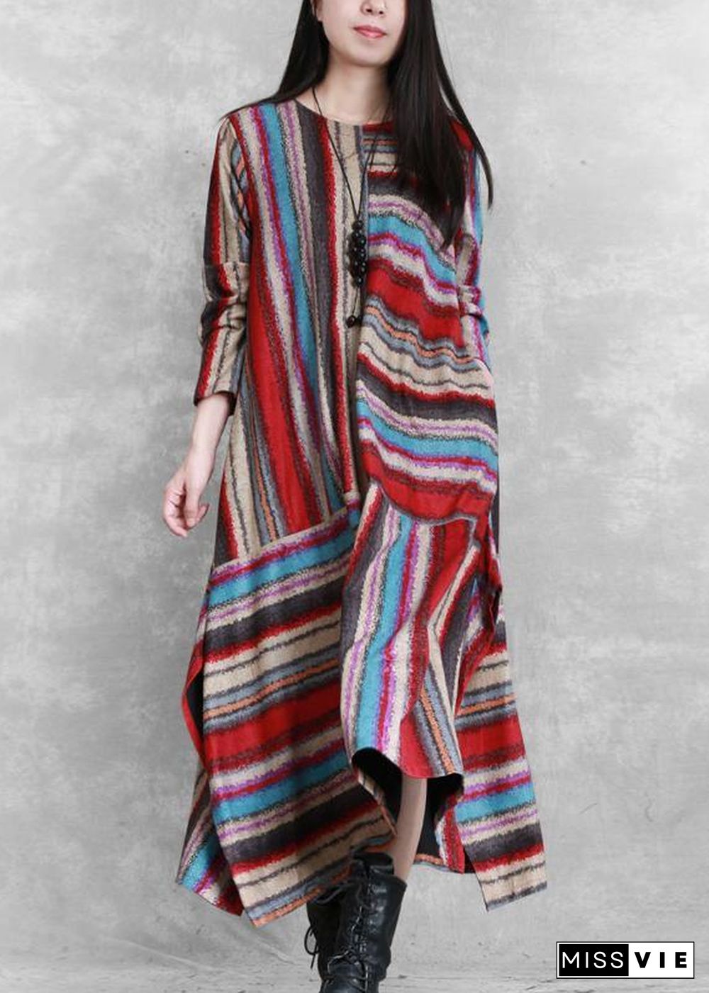 Organic red striped linen cotton clothes For Women side open Plus Size Clothing patchwork Dress