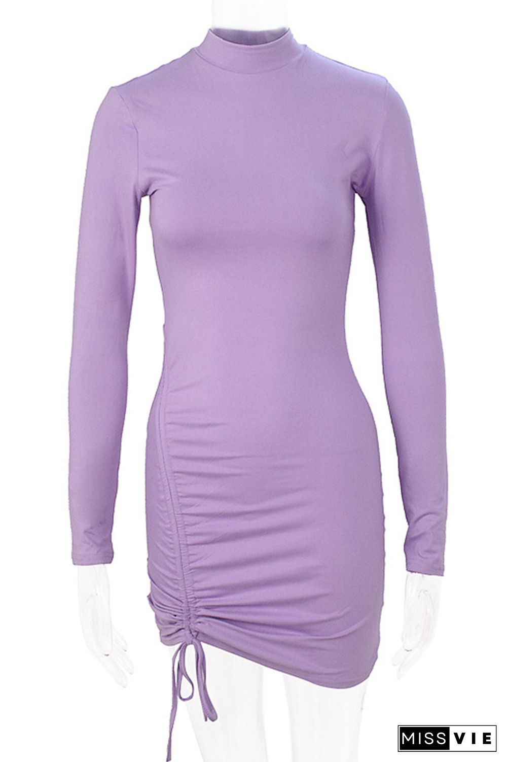 Turtleneck Pleated Tie Knot Bodycon Mini Dress