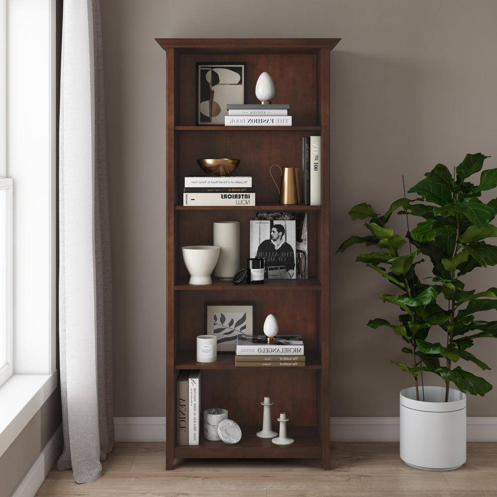 Simpli Home Amherst Solid Wood 70 in. x 30 in. Transitional 5 Shelf Bookcase in Russet Brown AXCAMH09-RUS